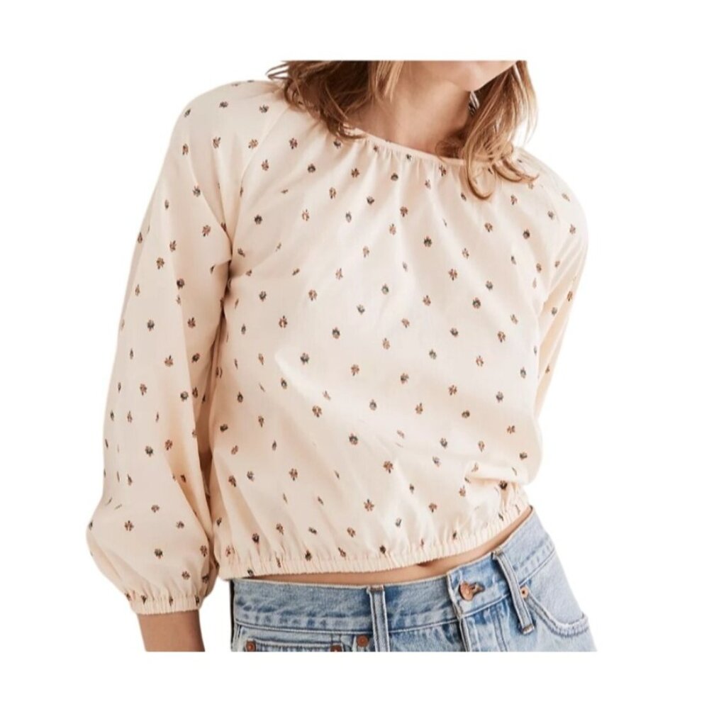 Madewell Womens Gathered Puff-Sleeve Crop Top in Sunrise Floral Bone XS